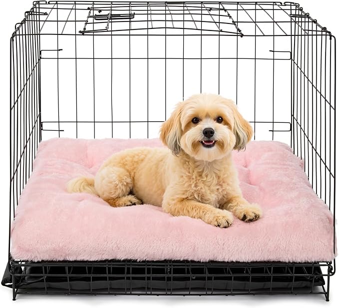 POMIU 2-Pack Washable Dog Bed, Deluxe Plush Crate Beds with Anti-Slip, Machine Washable Kennel Pad Sleeping Mat for Large, Medium and Small Dogs (2 Pack x Pink, 23.0" L x 18.0" W x 3.0" Th)