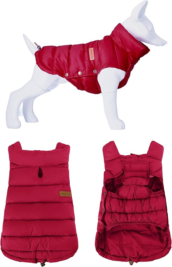 SPACE LION Dog Puffer Jacket, Down Winter Coat, Durable Outdoor Coat for Cold and Windy Conditions, Lightweight & Adjustable Fit Coats for Medium & Large Dogs, (Red, Size20/XL)