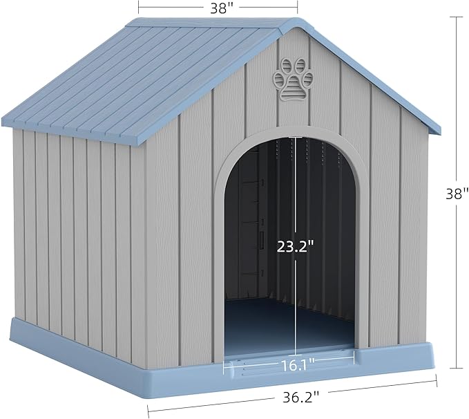 Fancyango Large Dog House Outdoor Indoor for Medium Large Dogs, Sturdy Plastic Waterproof Doghouse with Air Vents and Elevated Floor, Easy Clean and Assemble (Blue, 36.2''L×38''W×38''H)