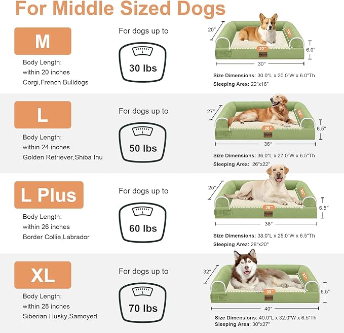 Large Dog Bed Orthopedic Washable: Beds Bolster XL Bed Big XLarge Dogs Egg Crate Foam Couch Sofa Waterproof with Removable Cover - Grass Green