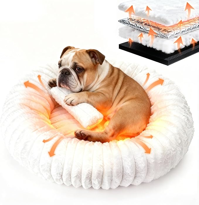 Self Warming Pet Bed, Donut Dog Bed for Small & Medium Dogs, Self-Heating Pet Bed with Non-Slip Bottom, Winter Comfort Dog Beds for Puppies, Washable & Portable Egg Tart Shape (M)