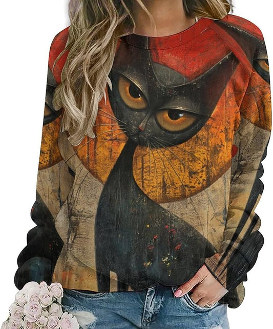 Biacolum Long Sleeve Shirts for Women Mid Century Retro Style Atomic Cat 3D Graphic Sweatshirts Fall Crewneck Pullover Top