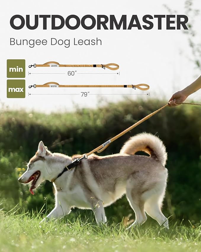 OutdoorMaster Bungee Dog Leash, Heavy Duty Dog Leash with Shock Absorption, 2 Padded Handles Training Leash, Improved Dog Safety and Comfort - Brown Upgraded, 6 FT