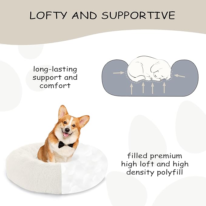 23'' inch Calming Dog Bed, Anti-Anxiety Donut Small Dog Bed, Warming Cozy Soft Cute Round Washable, Marshmallow Cuddler Nest Puppy Dogs and Cats Bed, White
