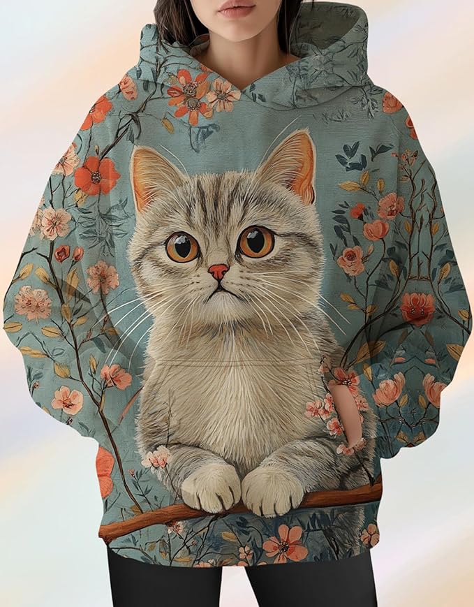 Womens Cat Print Hoodies Trendy Funny Cat Graphic Long Sleeve Sweatshirt Y2k Streetwear Hooded Pullover Tops