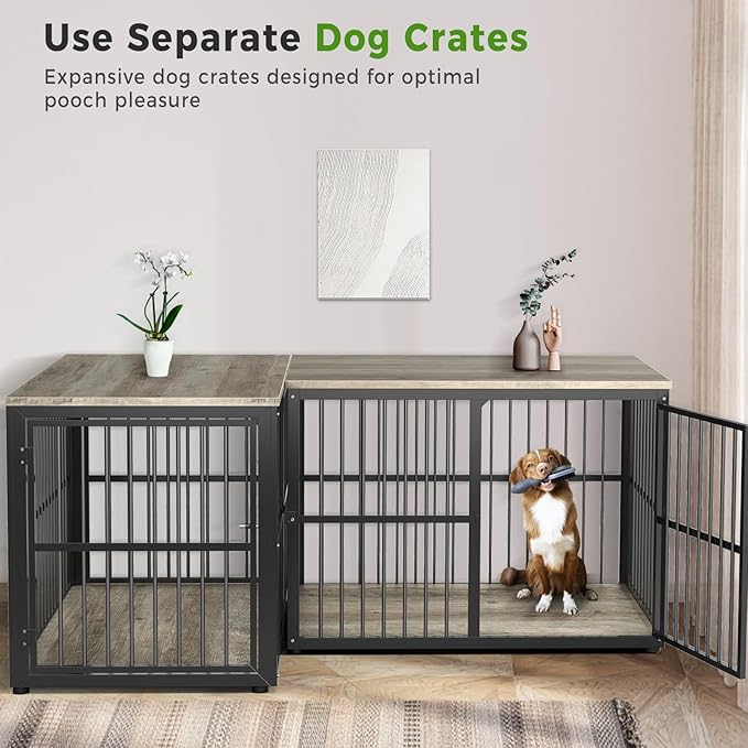 Lyromix 43'' L-Shaped Corner Dog Crate Furniture Large Breed with Double Rooms,Wooden Dog Crate End Table Indoor with Removable Divider for Small to Medium Dogs, Can Use Separately