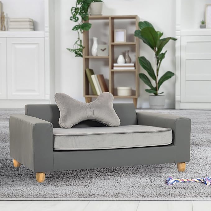 CRITTER SITTERS 43” Faux Leather Ped Bed in Dark Grey, Durable Washable Sofa Couch for Large Cats & Dogs, Must Have Essential Furniture Accessory for Kittens & Puppies