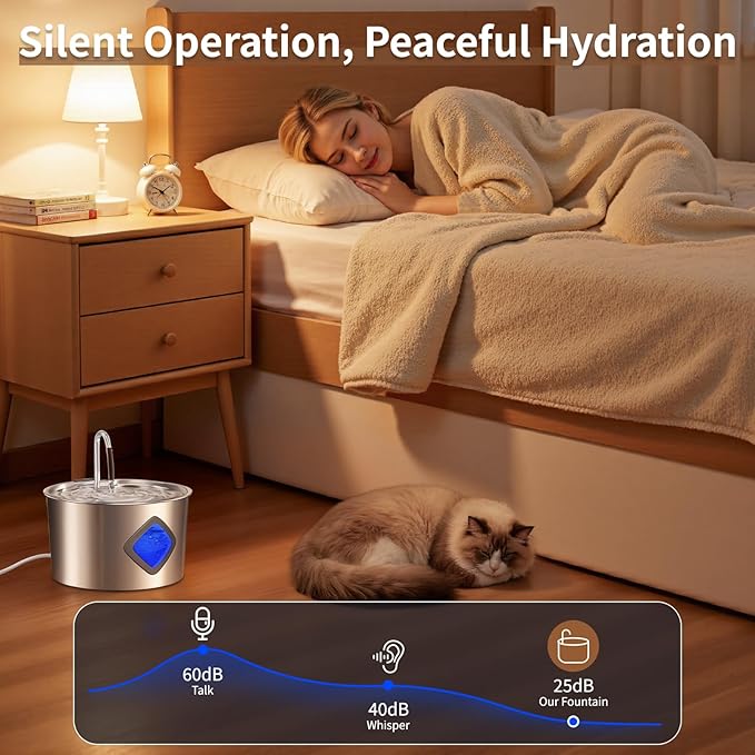JIXZEN Cat Water Fountain Stainless Steel: 108oz/3.2L Automatic Pet Water Fountain for Cats Indoor- Quiet Cat Water Bowl Dispenser- Drinking Fountain for Small Dogs & Kitties-4 Filters + 4 Sponges