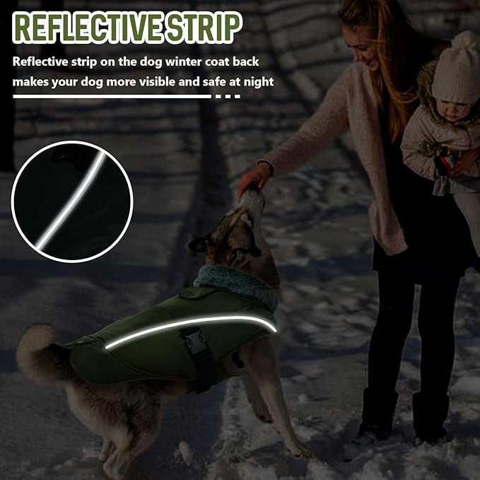 DENTRUN Winter Warm Dog Coat Reflective Jacket with Turtleneck for Cold Weather, Adjustable Buckle Windproof Water Repellent, Thick Snowsuit Fleece Vest for Small, Medium, Large Dogs, Green, XXXL