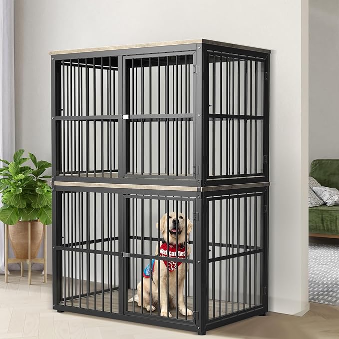 Lyromix 43'' Stackable Dog Crate Furniture Large Breed with Double Rooms,Wooden Dog Crate Heavy Duty Dog Kennel Indoor with Removable Divider for Small to Medium Dogs, Can Use Separately