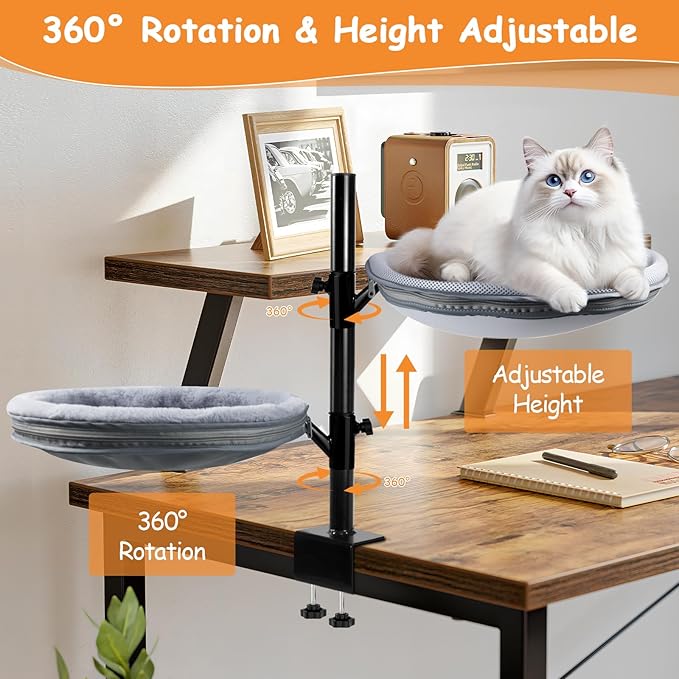 Large Cat Desk Bed x2, 360°Rotating & Adjustable Shelf, 15" Thickening Cat Bed for Desk with 2 Perch Holds 66lbs, Suitable for Various Desktops for 2 Cats