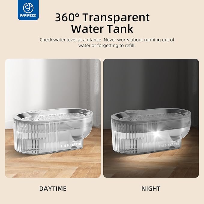 PAPIFEED Cat Water Fountain + Stainless Steel Tray (White Single Filter Element, Not Mat)