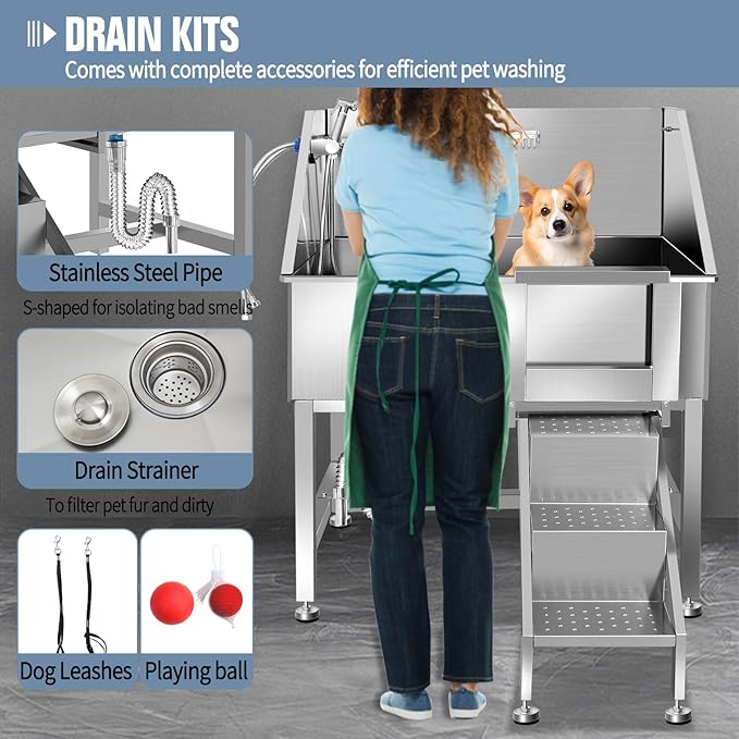 38" Dog Washing Station, Professional Stainless Steel Dog Bathing Station, Equipped with Anti-Slip Ramp, Removable Door, Upgraded Spray Nozzle&Hose - Ideal for Home, Pet Grooming Salon,R-RAMP