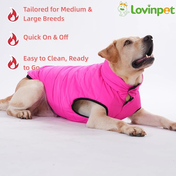 LovinPet Reversible Dog Puffer Coat for Medium & Large Dogs, Down‑Insulated Winter Jacket, Water‑Resistant & Wind‑Resistant, Anti‑Static, Dual-Sided Pink & Black for Cold Weather,L