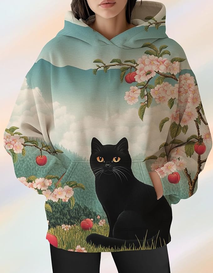 Womens Cat Print Hoodies Trendy Funny Cat Graphic Long Sleeve Sweatshirt Y2k Streetwear Hooded Pullover Tops