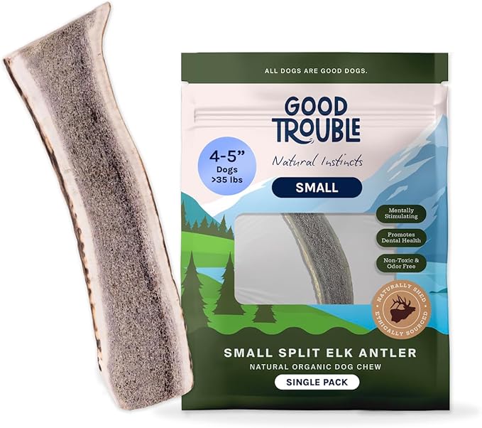 Good Trouble Premium Elk Antlers for Small Dogs – 1 Pack Split - All-Natural, Shed Antler Chews for Dental Health & Calming - Durable Dog Bones - Cruelty-Free, North American Sourced