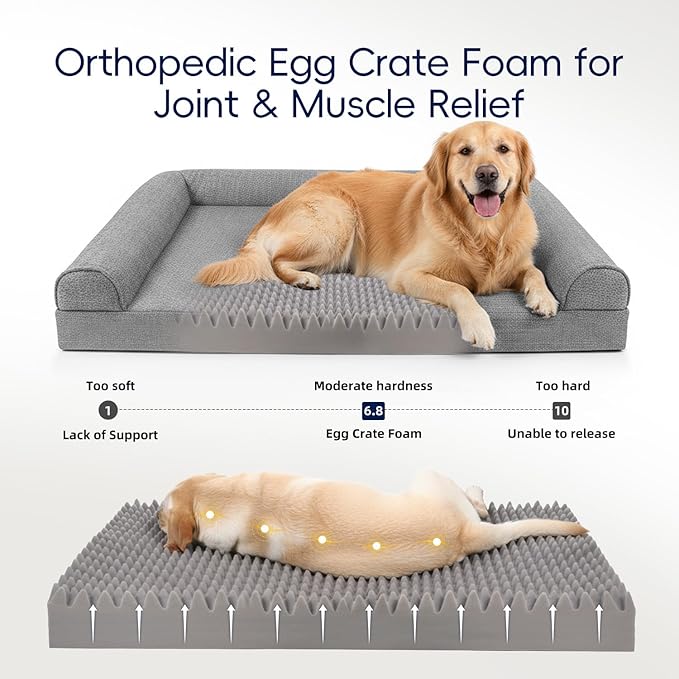 Sytopia 42 Inch Orthopedic Dog Beds for Large Dogs, Waterproof Egg Crate Foam Big Pet Bed with Washable Removable Waterproof Cover and Anti-Slip Bottom, Grey