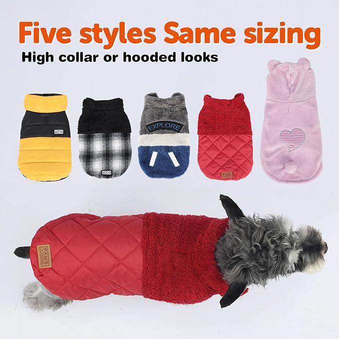 FOFOS Dog Winter Coat, Plush Dog Jacket with Leash Hole, Adjustable Warm Pet Snow Vest for Small Medium Dogs, Red, XS