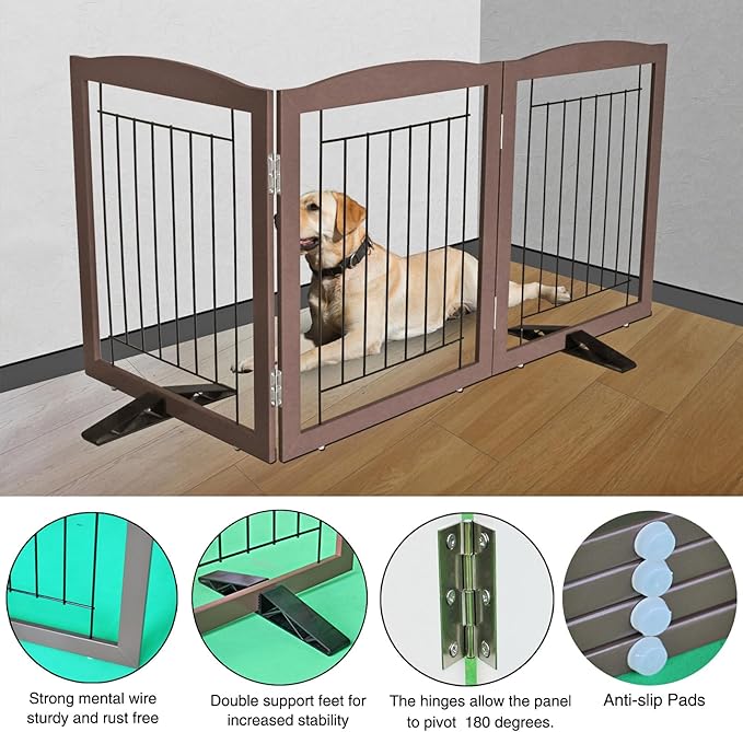 ZJSF Freestanding Dog Fence Indoor, Foldable Dog Gate for Doorways, Stairs or Hallways, Sturdy Wood Extra Wide Pet Gate with Support Feet for The House, Brown, 32 "Height-3 Panels