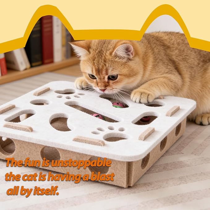 Interactive Cat Puzzle Toy, Felt Maze Box, Allows Cats to Play Independently, Scratching and Hunting Puzzle Box, Kitten Toy, a Gift for Kittens. (Camel-White Square)