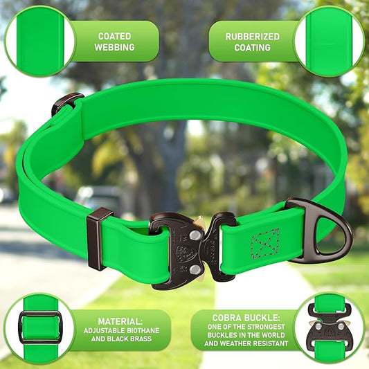 Biothane Dog Collar with Cobra Buckle - Made in USA - QR Code Dog Tag ID Included - Adjustable Heavy Duty Dog Collars for Medium Large Dogs - Waterproof Military Grade Tactical Collar for Dogs