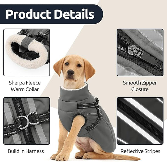 Dog Winter Coat with Harness Built in Warm Puffer Dog Jackets for Small Medium Large Dogs Windproof Waterproof Outfit with Plush Lining and Reflective Stripes (Grey, XL)