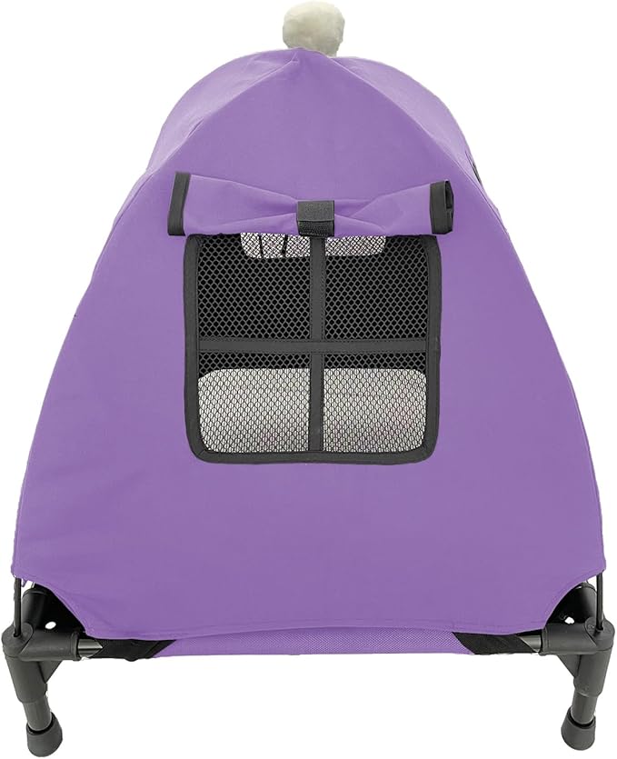 Pozico Elevated Pet Bed with Breathable Mesh for Small Cat and Dog, Raised Cooling Pet Cot for Puppy and Kitty, 18.9x18.9 inch (Purple Bed with Canopy)