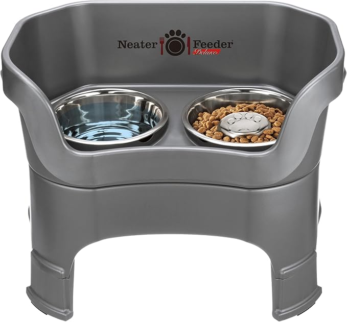 Neater Feeder Deluxe Mess Proof Dog Bowls Elevated for Large Breeds – Made in USA – No Spill Raised Slow Feeder Elevated Dog Bowl Stand w/Leg Extensions, Food and Water Bowl Set, Grey