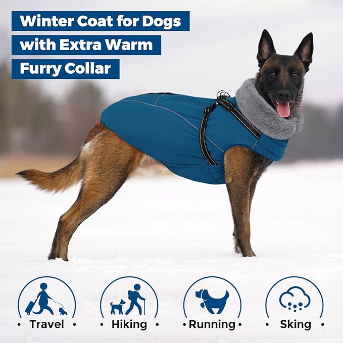 Queenmore Large Dog Jackets,Dog Coats for Extra Large Dogs with Harness Built in,Reflective Waterproof Dogs Jackets with Fleece Lining,Warm Snowsuit Pet Coats for German Shepherd,Blue,XXXL