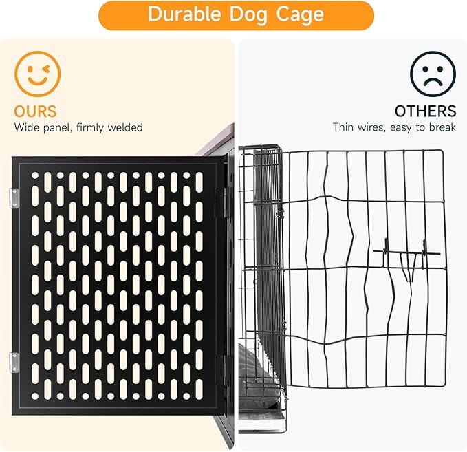 ONBRILL Heavy Duty Dog Crate Furniture for Large and Medium Dogs, 43.7 Inch Large Dog Crate Kennel with Flip Top & Cushion & Wheels, Escape Proof Pet Cage,Wooden Cage Kennel Furniture Indoor