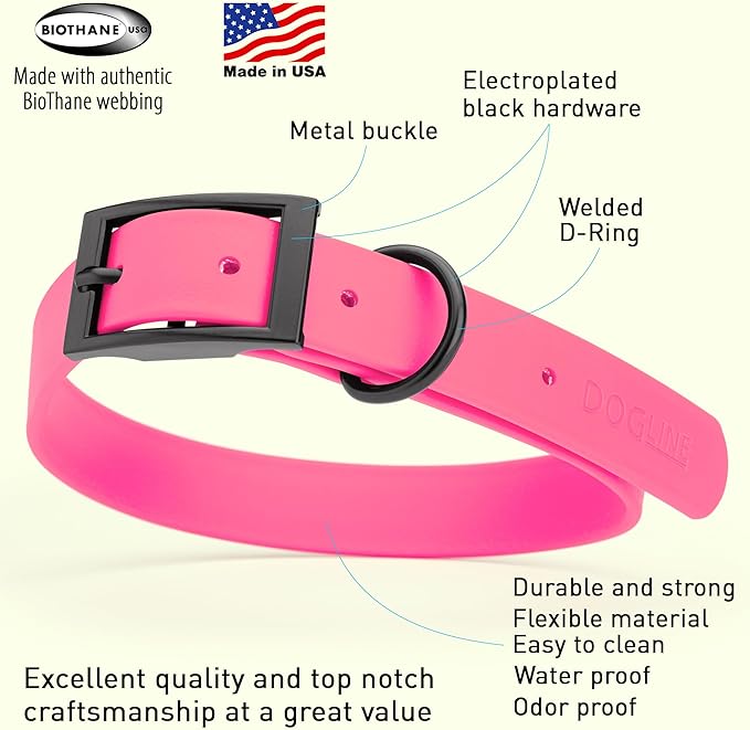 Dogline Biothane Coated Webbing Dog Collar with Black Metal Hardware: Durable Easy-Clean Everyday Collar for Dogs - Comfortable Adjustable Odor-Resistant Pet Collar, W1 x L22-25", Passionfruit Pink