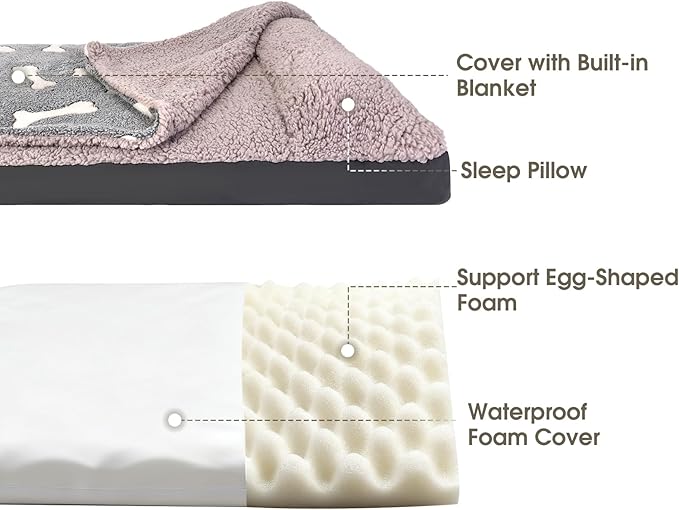 Dog Bed with Pillow and Blanket Attached, 30''X20'' Rectangle Cozy Dog Bed with Cover Cave & Removable Washable Cover for Crate Furniture, Soft Indoor Covered Calming Burrow Sofa for Small Medium Pet