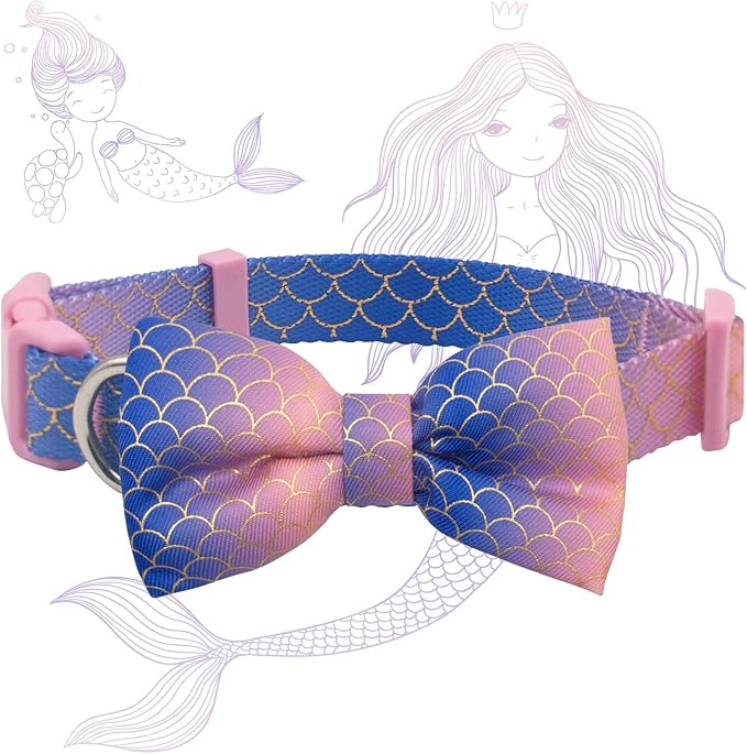 azuza Bowtie Dog Collar Mermaid, Soft & Comfy Dog Collar with Removable Bow Gradient Color Size Adjustable Dog Collars for Medium Dogs