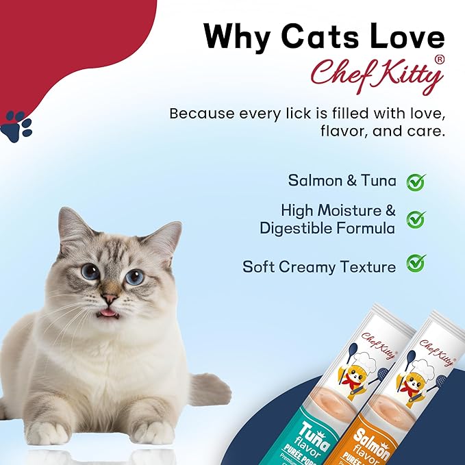 Chef Kitty Purée Pops, Cat Treats, Grain-Free, Lickable, Squeezable Creamy Cat Treat/Topper with Vitamin E & Taurine, 0.5 Ounces Each Tube, 20 Tubes, Seafood Mix Variety