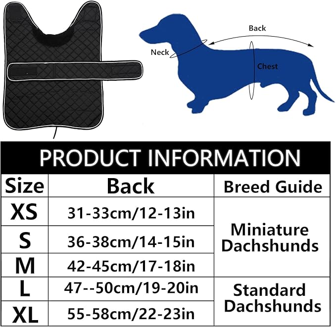Geyecete Warm Thermal Quilted Dachshund Coat, Dog Winter Coat with Warm Fleece Lining, Outdoor Dog Apparel with Adjustable Bands for Medium, Large Dog-Black-XS