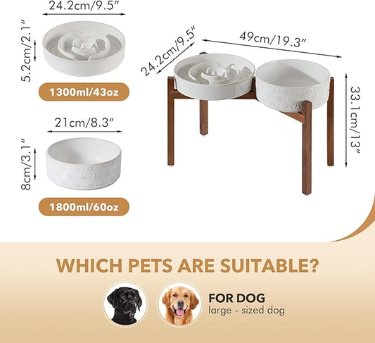 Ceramic Raised Slow Feeder Dog Bowl Set, Elevated 8.2inch Bowl and 9.5inch Dish with Acacia Wood Stand for Large Dog, Stop Bloat(2 x Reactived Glaze -White+ Stand)