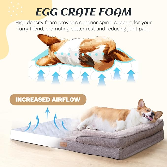 Extra Large Dog Bed Orthopedic with Bolster Sides Removable Egg-Crate Foam Waterproof Liner Pet Bed Sofa Couch with Removable Washable Cover Non-Slip Bottom, Beige