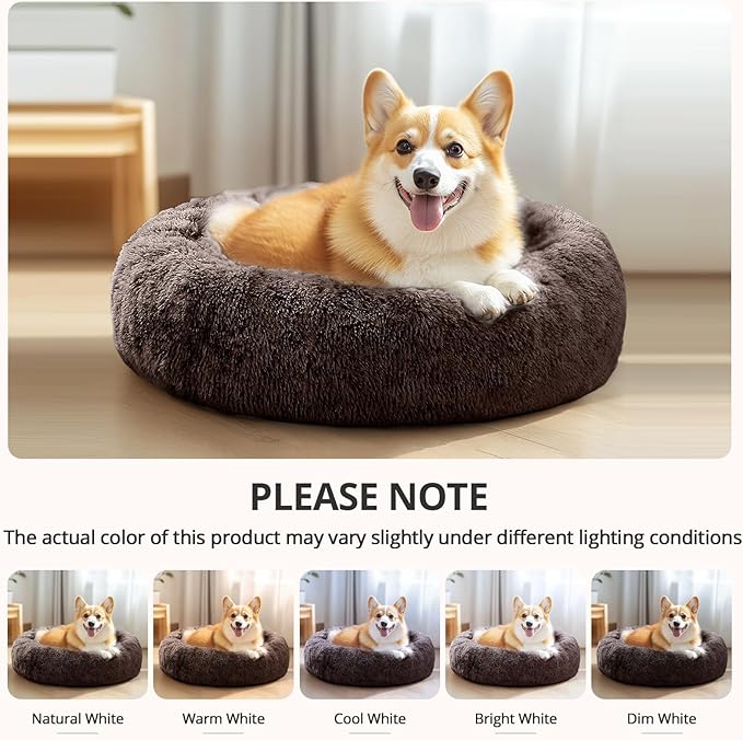 JOLLYVOGUE Small Dog & Cat Beds for Indoor Cats, Donut Cuddler Warming Soft Dog Beds with Anti-Slip Bottom, Round Calming Fluffy Plush Faux Fur Cushion Bed for Medium Dogs (31")