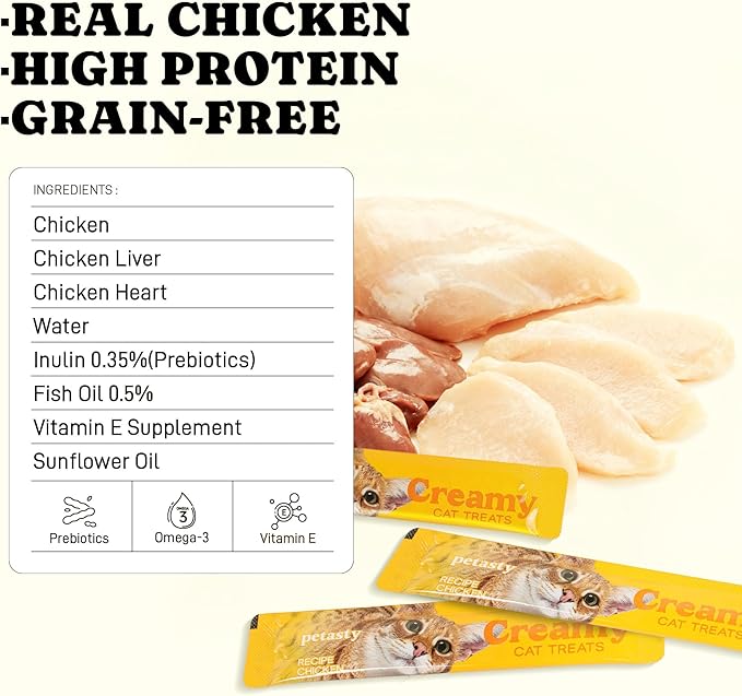 PETASTY Lickable Cat Treats, High Moisture Hydrating Creamy Puree Squeeze Tubes, Chicken Flavor, 20 Tubes 0.5oz, Grain-Free, Omega Oils & Vitamin E, Skin & Coat Health, Digestive and Immune Support