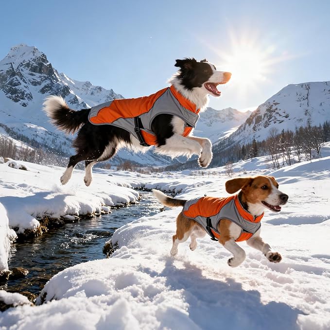 Dog Winter Coat - Waterproof Cold Weather Coat with Thick Padding, Windproof Dog's Snow Jacket with Neck & Tail Drawstrings, Reflective Dog Jacket - Medium Pet Coats, Orange & Gray XL