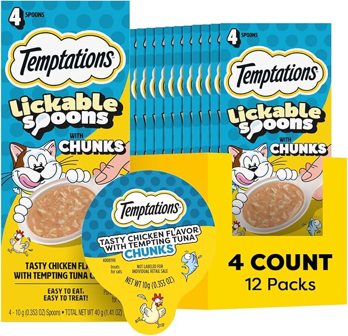 Temptations Lickable Spoons Cat Treats Chicken Flavor with Tuna Chunks, 4 Spoons, Pack of 12 (48 Total)