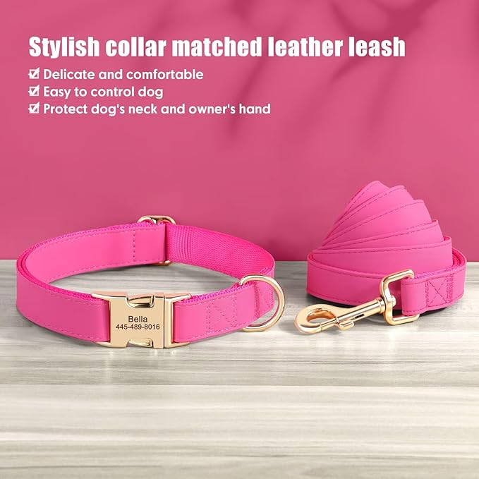 PET ARTIST Personalized Dog Collars, Custom Engraved Dog Collar with Silent Name Tag, Gold Quick Released Buckle & Soft Nylon Padded, 9 Colors & Matching Leash for Small Dogs,Hot Pink,S Fit 9-14"