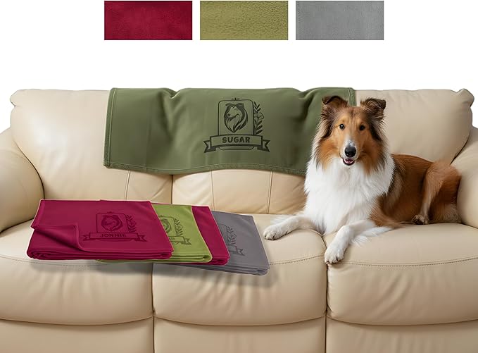 lemuria Personalized Dog Blanket with Custom Name and Breed Engraving, Soft Fleece, Gray, Green, Red, for Couch, Bed, Crate, Car Travel (Green)