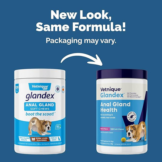 Vetnique Glandex Anal Gland Soft Chew Treats with Pumpkin for Dogs Digestive Enzymes, Probiotics Fiber Supplement for Dogs Boot The Scoot (Bacon Flavor Chews, 120 Count)