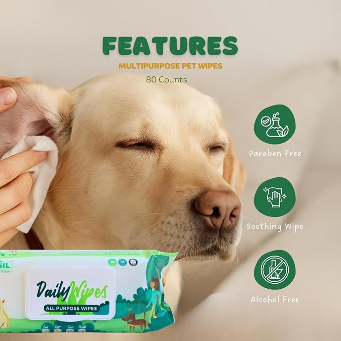 BASIL - Pet Grooming Wipes – 80 Count (8″ × 8″) | Aloe Vera, Vitamin E & Castor Oil Infused | Multi-Purpose Wipes for Dogs, Cats & Puppies | Cleans Paws, Ears, Mouth & Butt | Lemon Scent, Paraben-Free