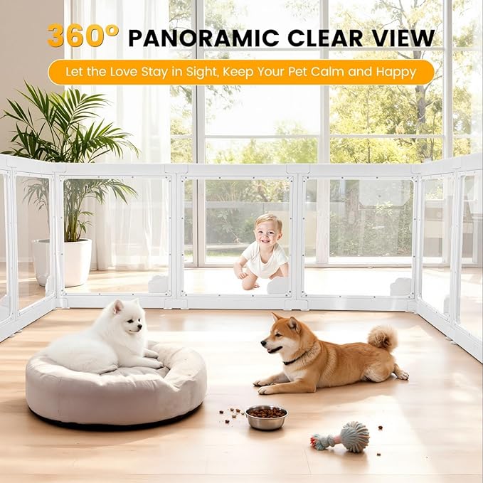 WICHEMI Acrylic Dog Playpen Indoor 10 Panels, Dog Play Pen Indoors 23.6" H, Puppy Play Pen with Double Door Lock, Small Animal Playpen with Suction Cup, White