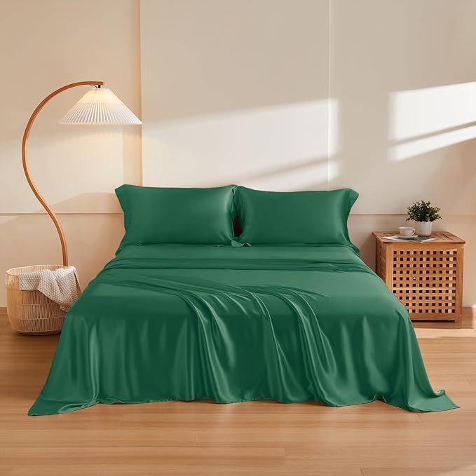 THXSILK Silk Sheet Set 4Pcs, 6A+ Top Grade 100% Natural Mulberry Silk Bed Sheets, Luxury Bedding Sets Ultra Soft Durable, 1 Fitted Sheet, 1 Flat Sheet and 2 Pillow Shams (King, Emerald Green)