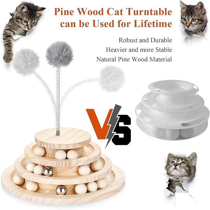 SMICEM Large Upgraded Cat Track Ball Toy with Bell & Teaser Wand - 3-Layer Tower Roller, Interactive Wooden Cat Toy for Mental & Physical Exercise, Double Fun for Kittens & Adult Cats