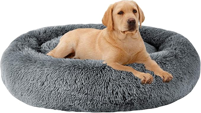 MFOX Calming Dog Bed (S/M/L/XL) for Medium and Large Dogs Comfortable Pet Bed Faux Fur Donut Cuddler Up to 15/30/50/90lbs