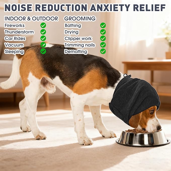 Pacify Dog Calming Hoodie, No Shake Ear Wraps for Dogs, Adjustable Dog Ear Muffs Head Wrap for Noise Reduction, Anxiety Relief, Grooming, Thunder, Hematoma (Black, S(Head Girth:10.6"-15.7"))